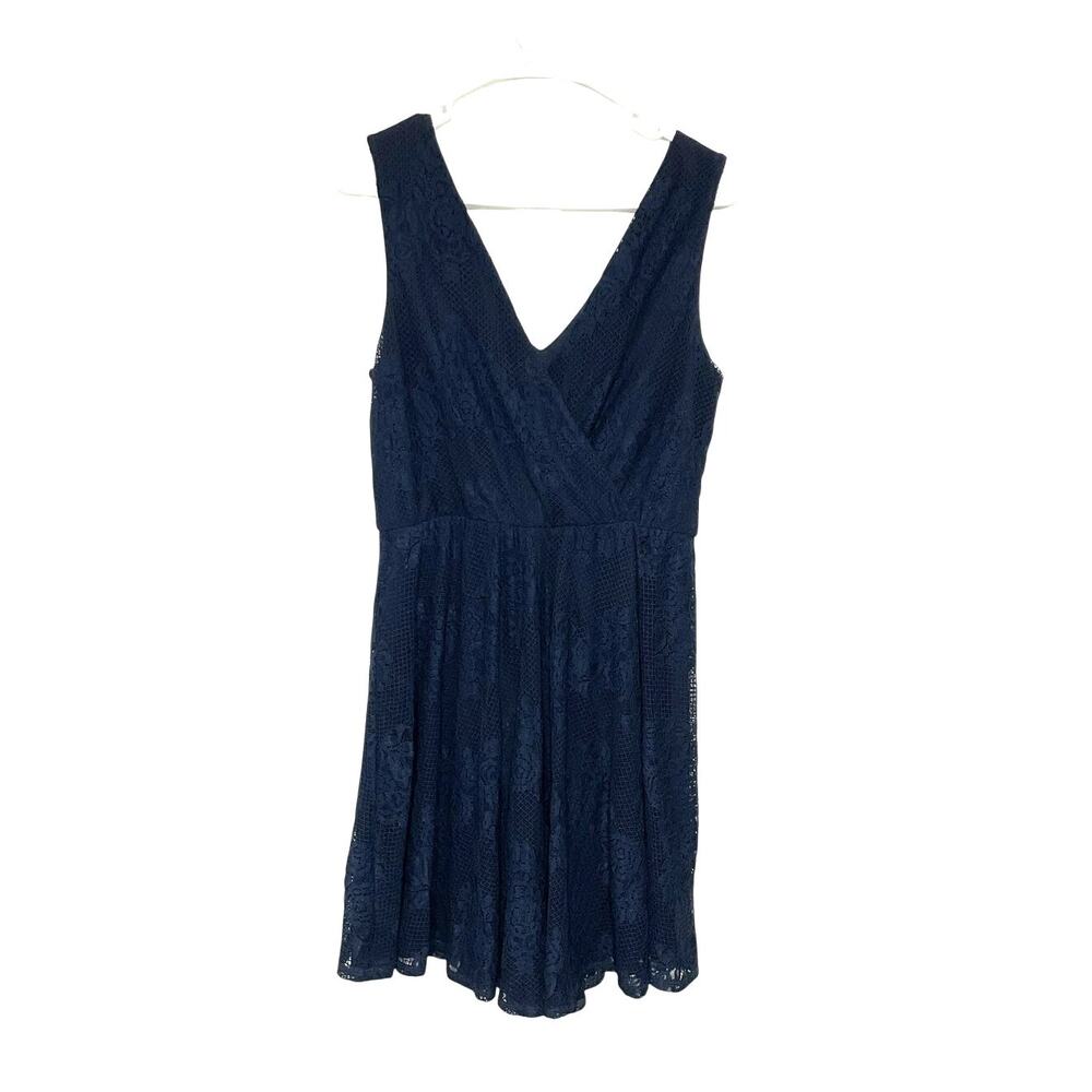 Dark Blue Lace Tie Waist Mini Babydoll Dress Size 8 Medium Sleeveless Luxology - Picture 2 of 7